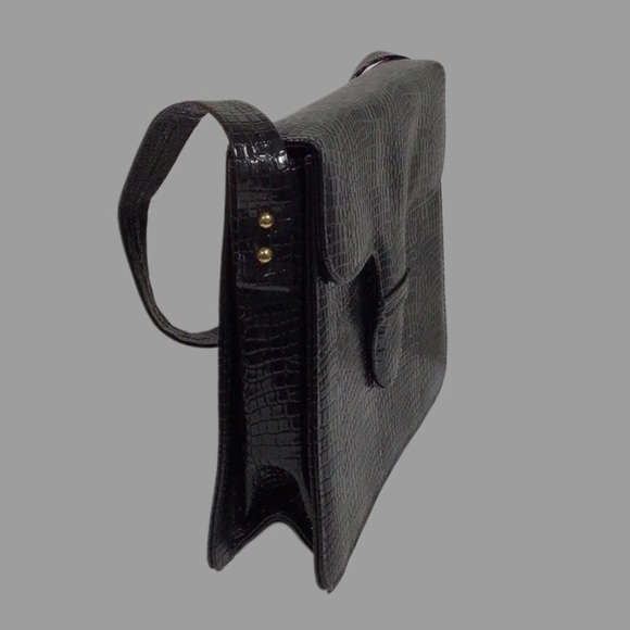 Vintage AIR STEP Black Patent Leather Croc Embossed Structured Shoulder Box Bag - Picture 5 of 13